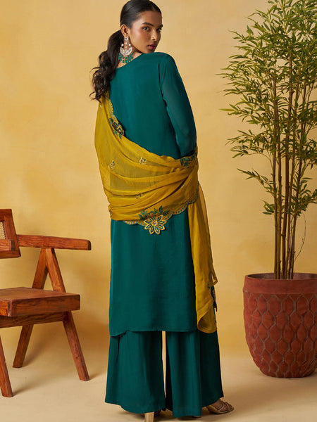 Aqua Green Organza Embroidered And Handwork Palazzo Suit