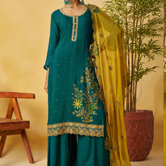 Aqua Green Organza Embroidered And Handwork Palazzo Suit
