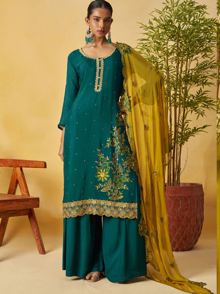 Aqua Green Organza Embroidered And Handwork Palazzo Suit