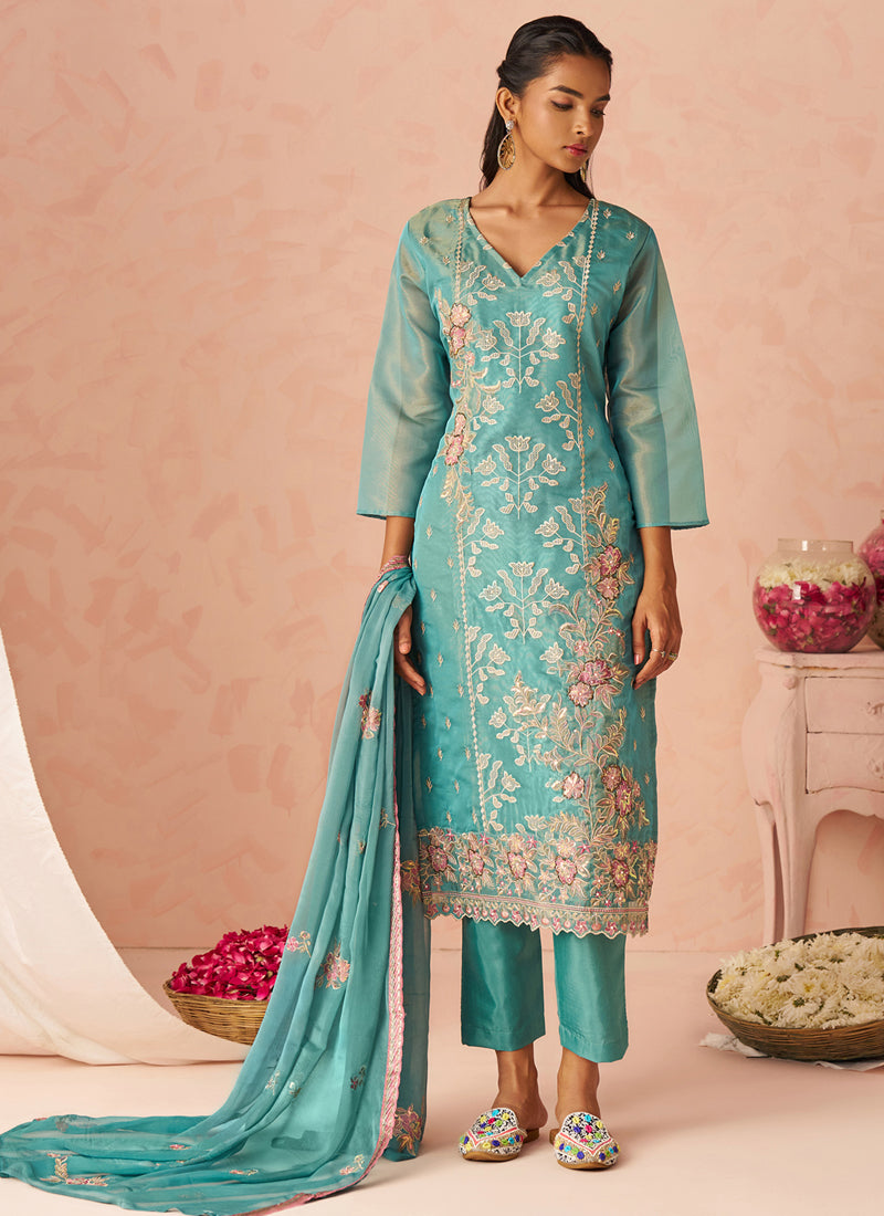 Sky Blue Silk Zari Fancy Embroidered Designer Suit For Wedding