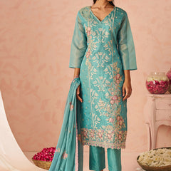 Sky Blue Silk Zari Fancy Embroidered Designer Suit For Wedding