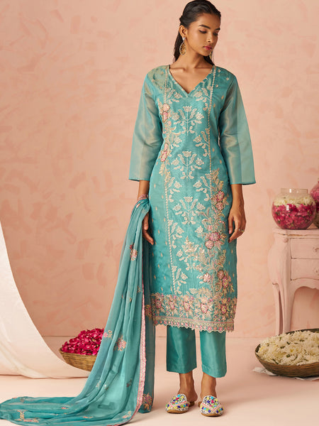 Sky Blue Silk Zari Fancy Embroidered Designer Suit For Wedding