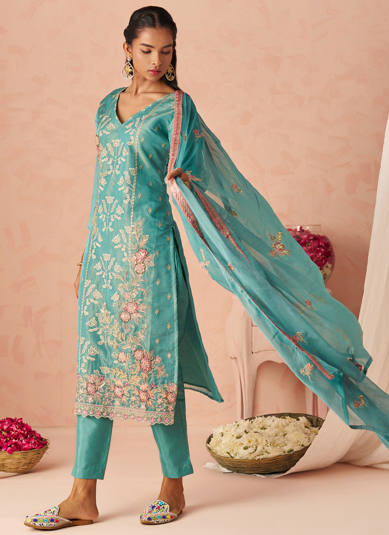 Sky Blue Silk Zari Fancy Embroidered Designer Suit For Wedding