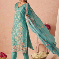 Sky Blue Silk Zari Fancy Embroidered Designer Suit For Wedding