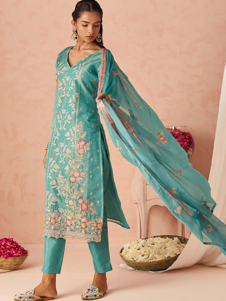 Sky Blue Silk Zari Fancy Embroidered Designer Suit For Wedding