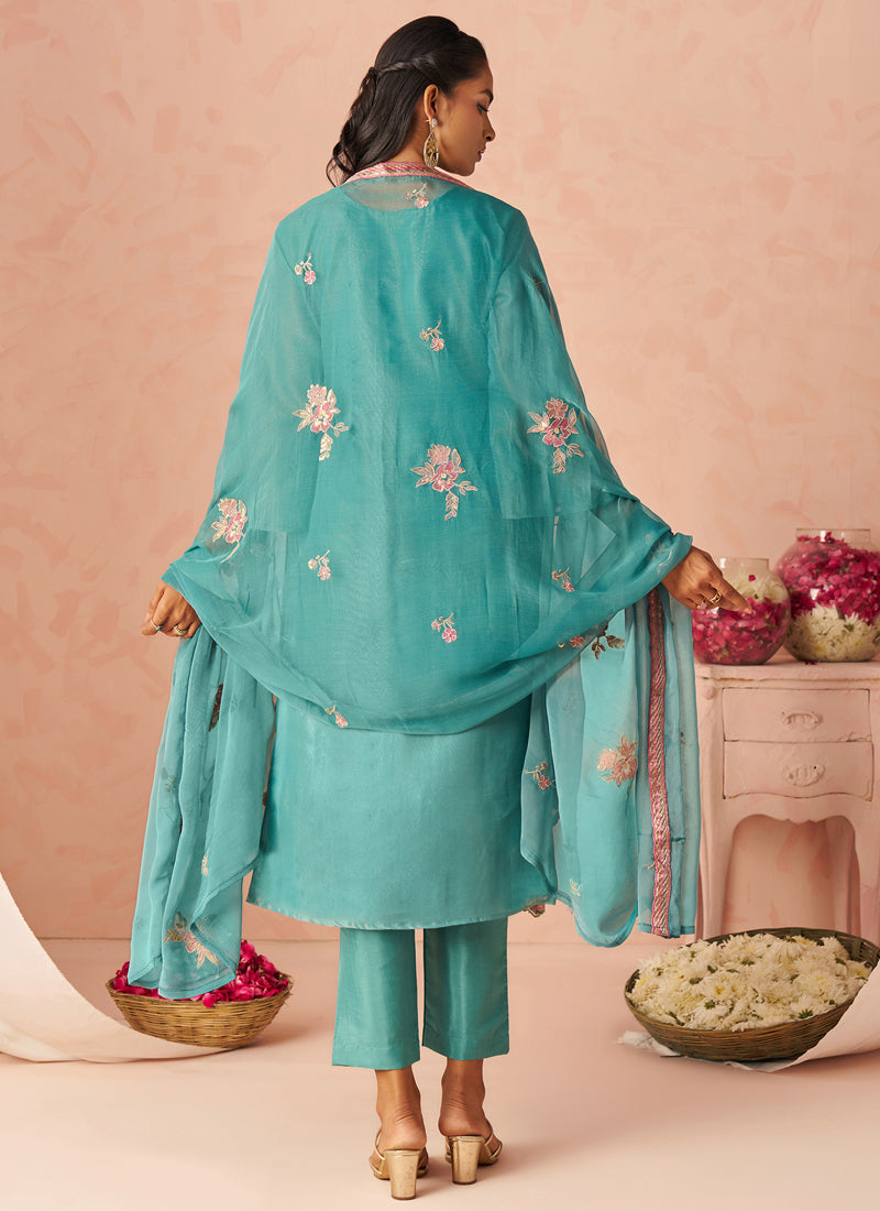 Sky Blue Silk Zari Fancy Embroidered Designer Suit For Wedding