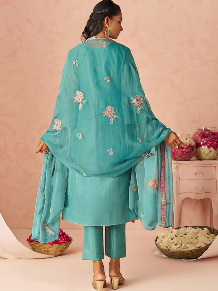 Sky Blue Silk Zari Fancy Embroidered Designer Suit For Wedding