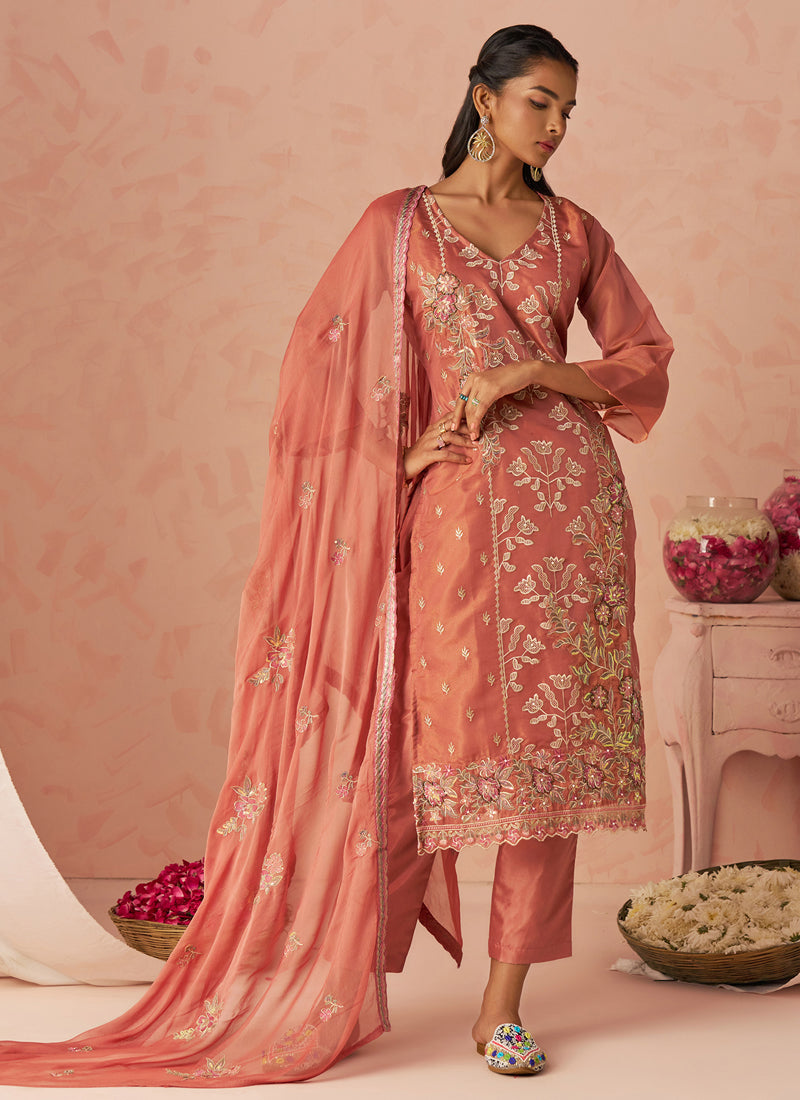 Rust Silk Zari Fancy Embroidered Designer Suit For Wedding