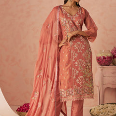 Rust Silk Zari Fancy Embroidered Designer Suit For Wedding