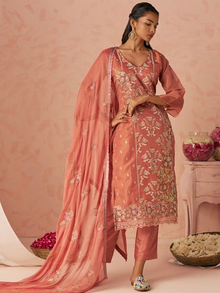 Rust Silk Zari Fancy Embroidered Designer Suit For Wedding