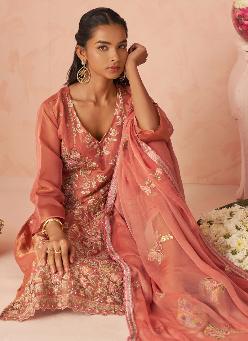 Rust Silk Zari Fancy Embroidered Designer Suit For Wedding