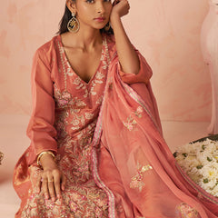 Rust Silk Zari Fancy Embroidered Designer Suit For Wedding