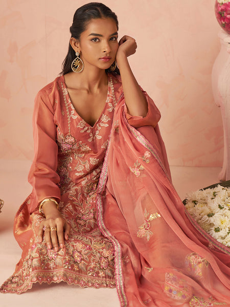 Rust Silk Zari Fancy Embroidered Designer Suit For Wedding
