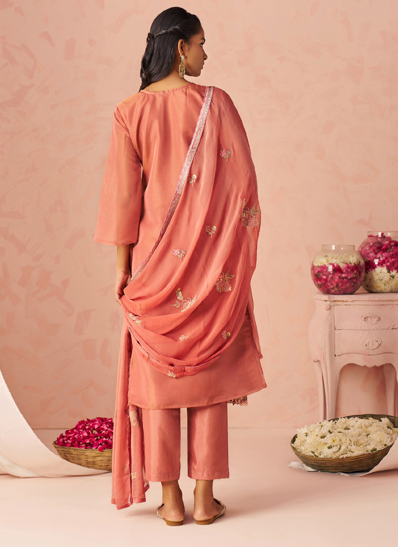 Rust Silk Zari Fancy Embroidered Designer Suit For Wedding