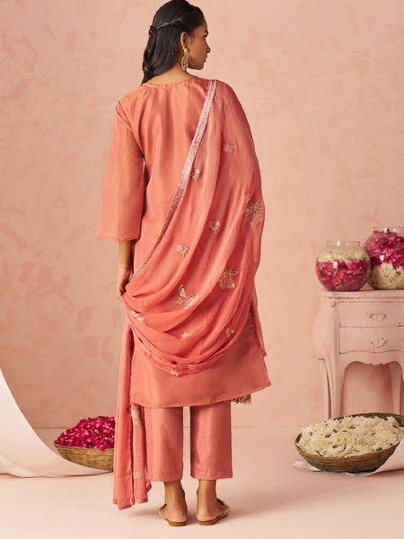 Rust Silk Zari Fancy Embroidered Designer Suit For Wedding
