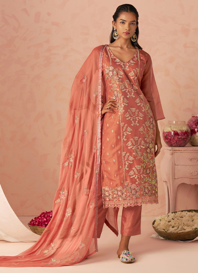 Rust Silk Zari Fancy Embroidered Designer Suit For Wedding