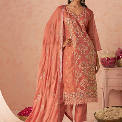 Rust Silk Zari Fancy Embroidered Designer Suit For Wedding