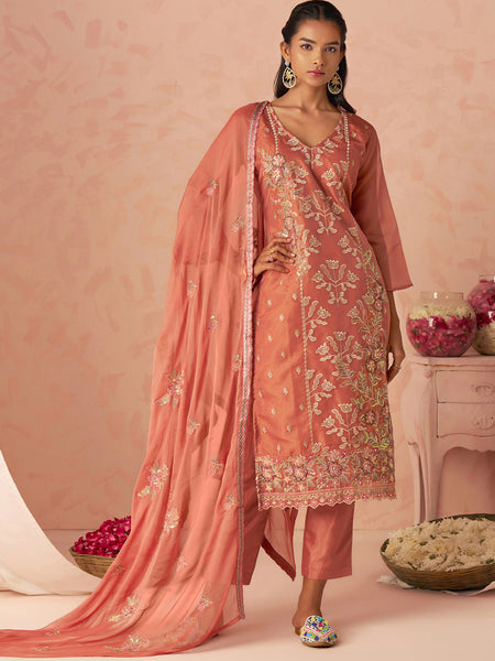 Rust Silk Zari Fancy Embroidered Designer Suit For Wedding