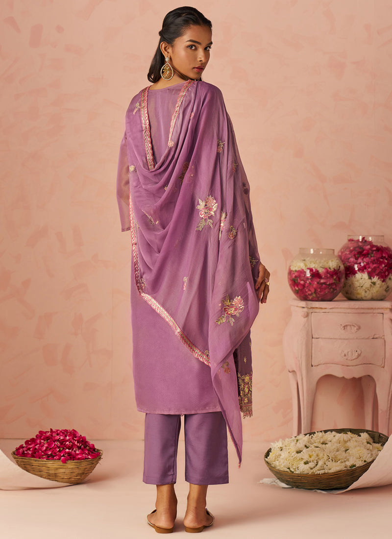 Lavender Silk Zari Fancy Embroidered Designer Suit For Wedding