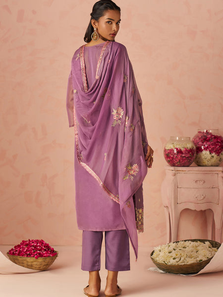 Lavender Silk Zari Fancy Embroidered Designer Suit For Wedding
