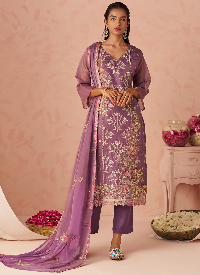 Lavender Silk Zari Fancy Embroidered Designer Suit For Wedding