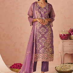Lavender Silk Zari Fancy Embroidered Designer Suit For Wedding