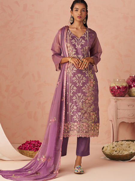 Lavender Silk Zari Fancy Embroidered Designer Suit For Wedding