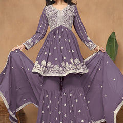 Purple  Georgette Embroidered Sharara Suit