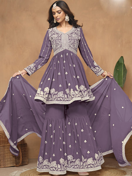 Purple  Georgette Embroidered Sharara Suit