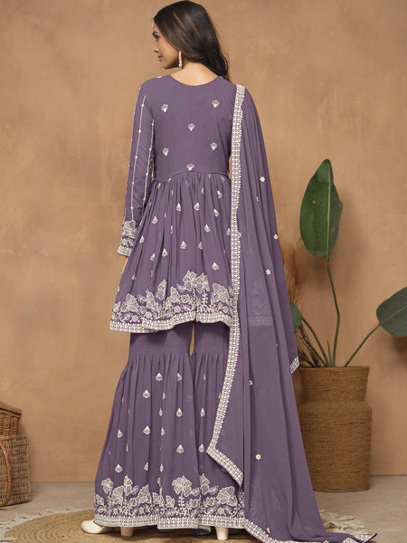 Purple  Georgette Embroidered Sharara Suit