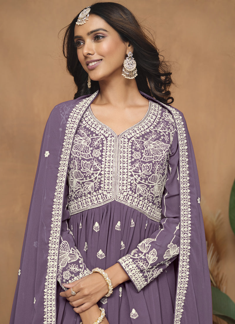 Purple  Georgette Embroidered Sharara Suit