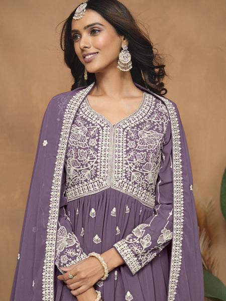 Purple  Georgette Embroidered Sharara Suit