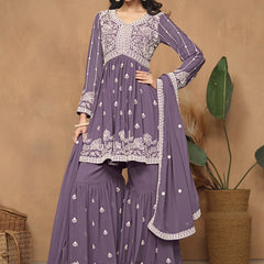 Purple  Georgette Embroidered Sharara Suit
