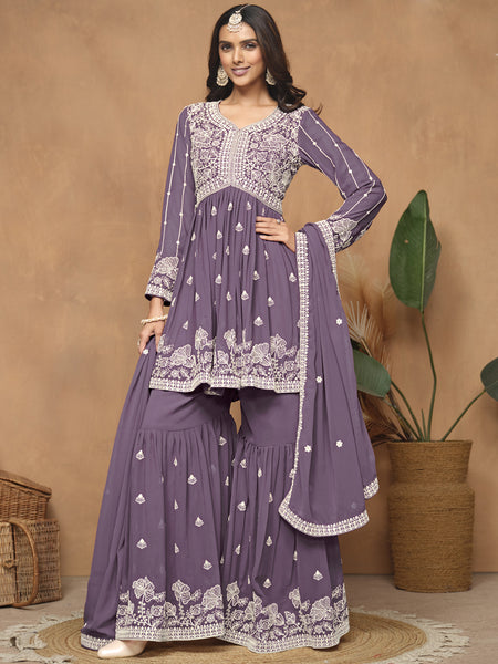 Purple  Georgette Embroidered Sharara Suit