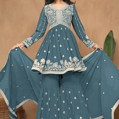 Grey Georgette Embroidered Sharara Suit