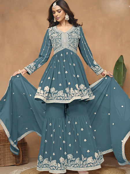 Grey Georgette Embroidered Sharara Suit