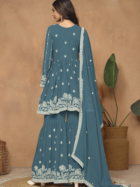 Grey Georgette Embroidered Sharara Suit