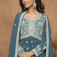 Grey Georgette Embroidered Sharara Suit