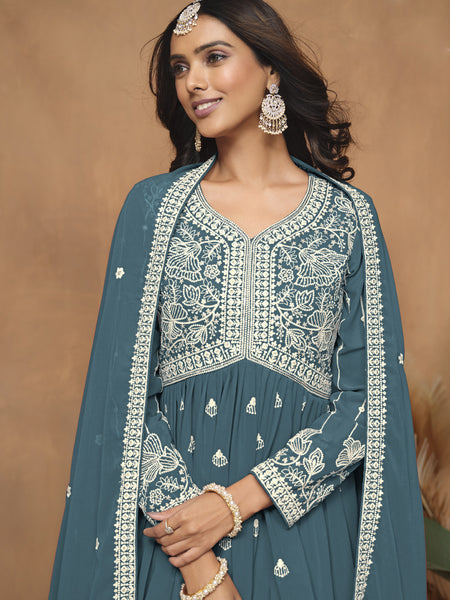 Grey Georgette Embroidered Sharara Suit