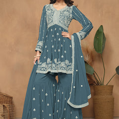 Grey Georgette Embroidered Sharara Suit