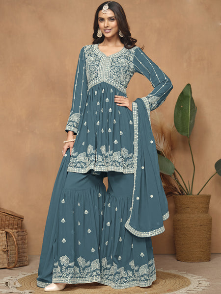 Grey Georgette Embroidered Sharara Suit