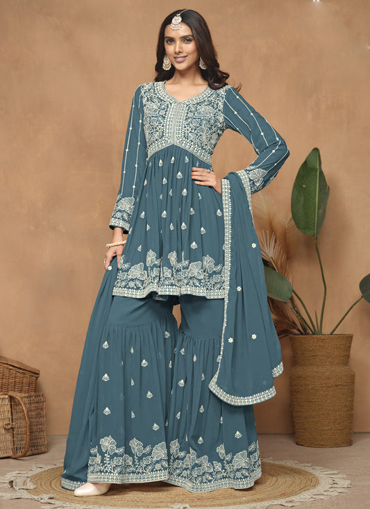 Grey Georgette Embroidered Sharara Suit