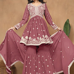 Dark Peach  Georgette Embroidered Sharara Suit