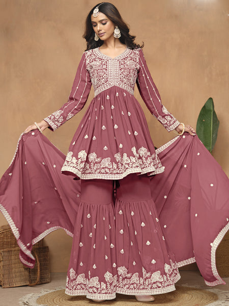 Dark Peach  Georgette Embroidered Sharara Suit
