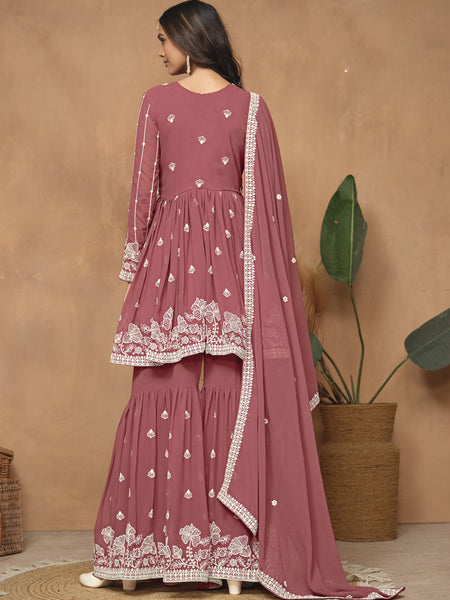 Dark Peach  Georgette Embroidered Sharara Suit