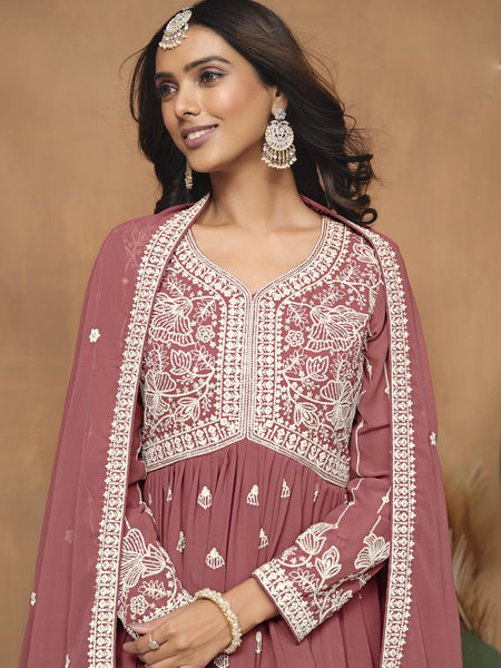 Dark Peach  Georgette Embroidered Sharara Suit