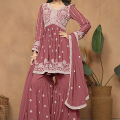 Dark Peach  Georgette Embroidered Sharara Suit