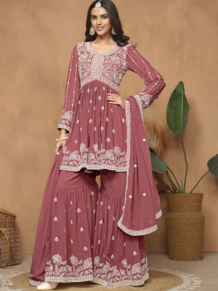 Dark Peach  Georgette Embroidered Sharara Suit