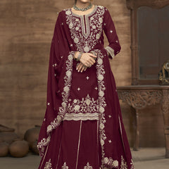 Maroon Vichitra Silk Embroidered Lehenga Style Suit