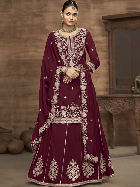 Maroon Vichitra Silk Embroidered Lehenga Style Suit